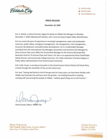 Press release welcoming the new City Manager, Eric Duthie